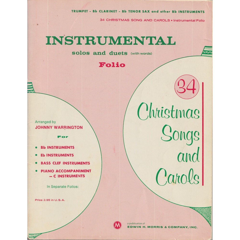 34 Christmas Songs and Carols Instrumental Folio 1967 Trumpet Clarinet Tenor Sax